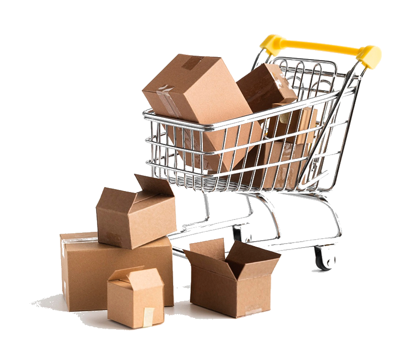 Carrello della spesa con pacchi pronti per Amazon